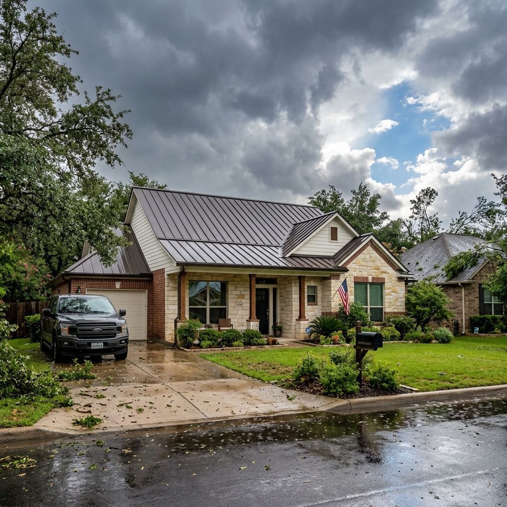 Single-story brick house with metal roof, driveway, and parked truck on a wet street under cloudy skies