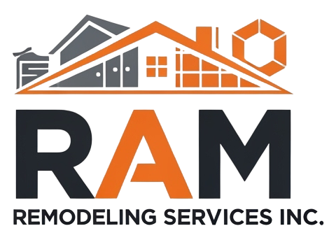 RAM Remodeling Services Inc. logo with house roof icons in orange, gray, and black