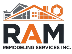 RAM Remodeling Services Inc. logo with house roof icons in orange, gray, and black