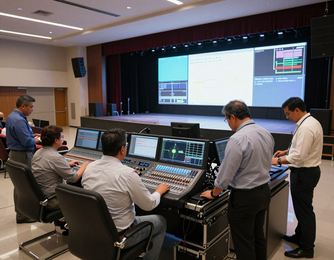 Personas operando una consola de sala de control frente a grandes monitores y una pantalla de proyección.