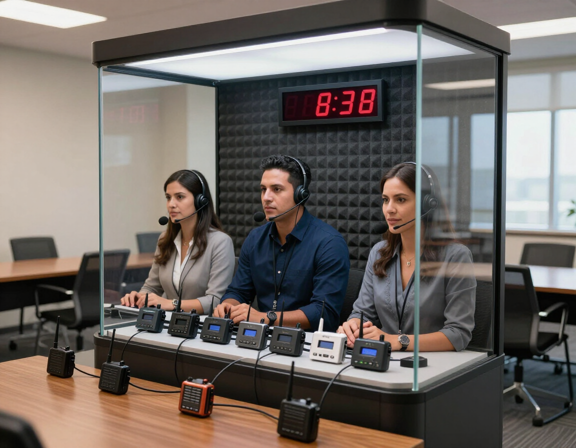 Tres personas con auriculares están sentadas en una mesa