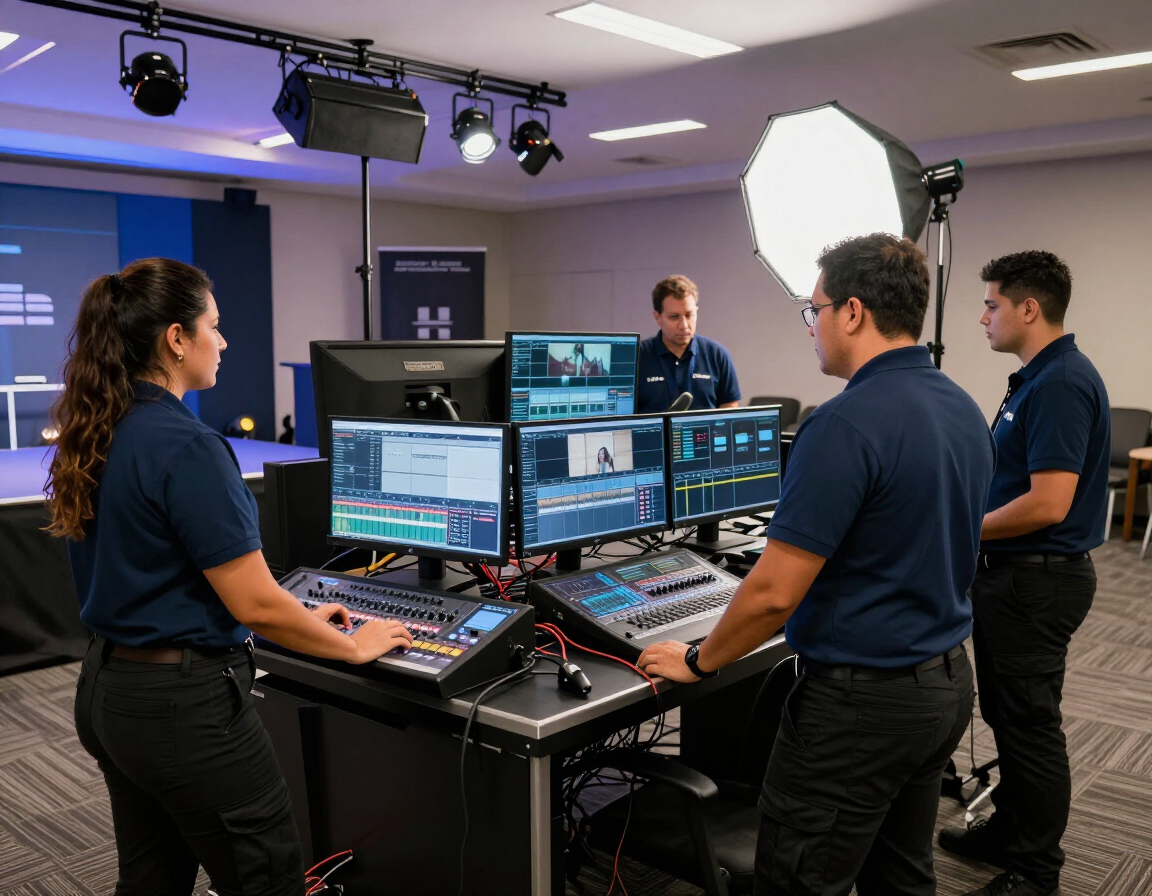 Equipo operando consolas de control de video y audio en un estudio con monitores y equipos de iluminación.