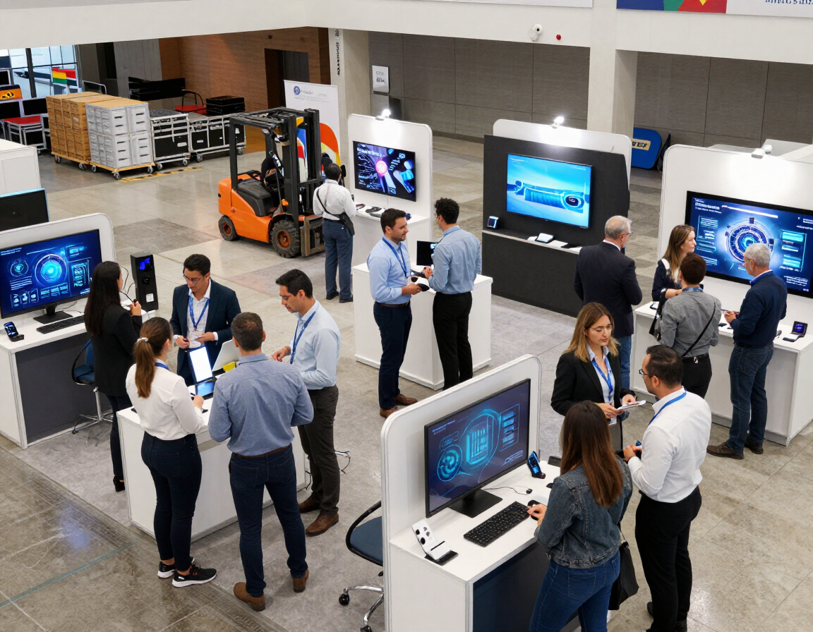 Feria tecnológica con gente haciendo contactos alrededor de quioscos