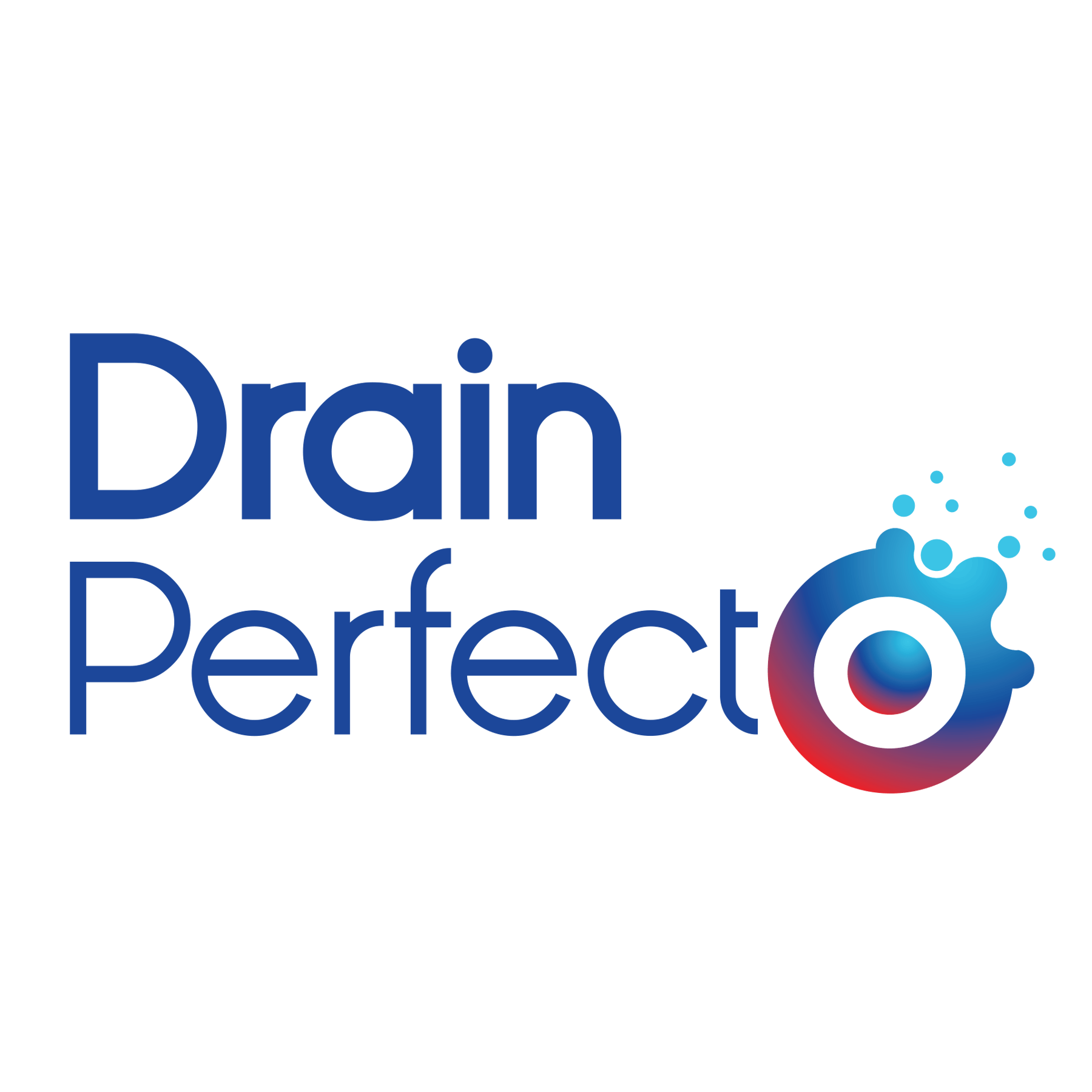 Logo Drain Perfect avec texte bleu et icône de goutte d'eau bleue à rouge