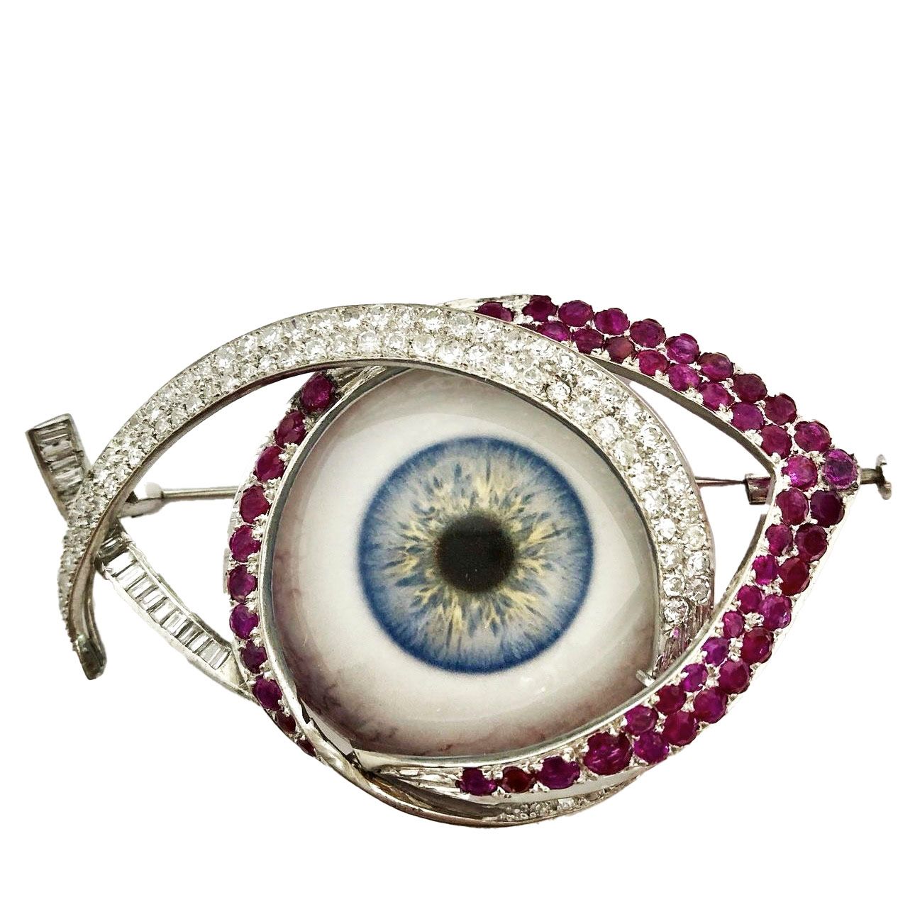 18K Diamond Ruby Eyeball Pin