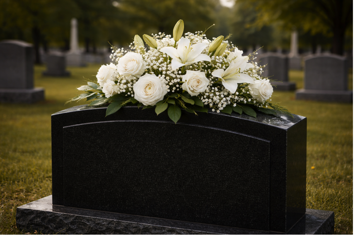 Hand placing a bouquet of white roses on a wooden casket during a memorial service, representing compassionate care and remembrance at a Funeral Home Seattle, WA.