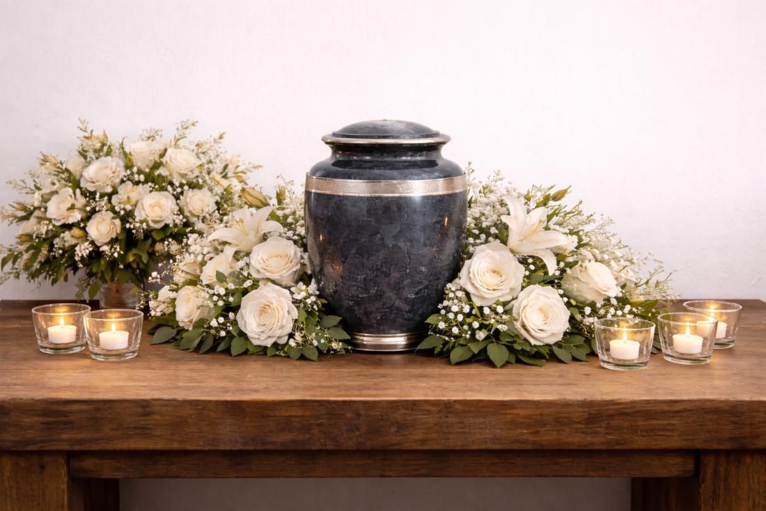 Decorative urn surrounded by white roses, lilies, and candles on a wooden table, representing compassionate Mercer Island, WA funeral home and cremations services.