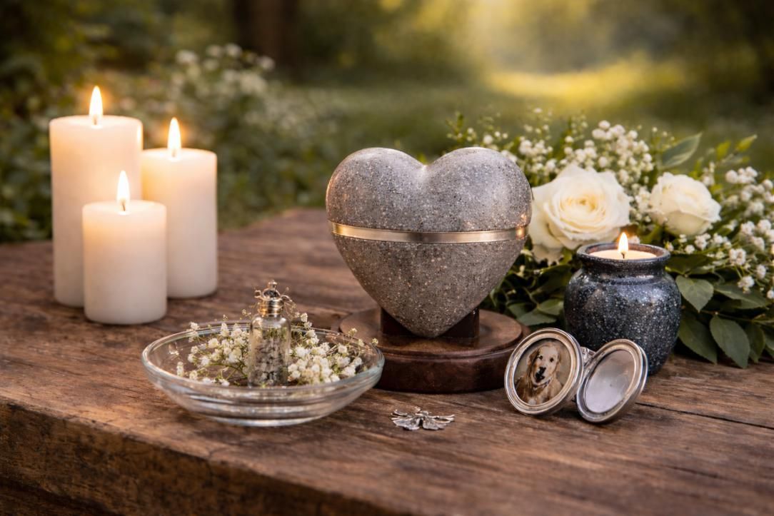 Heart-shaped memorial urn with candles, white roses, and keepsakes on a wooden table, representing compassionate care from a Renton, WA funeral home and cremations provider.