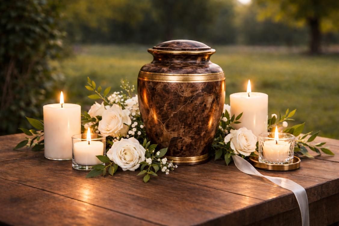 Memorial urn surrounded by white roses and lit candles on a wooden table outdoors, reflecting caring Seattle, WA funeral home and cremations services.