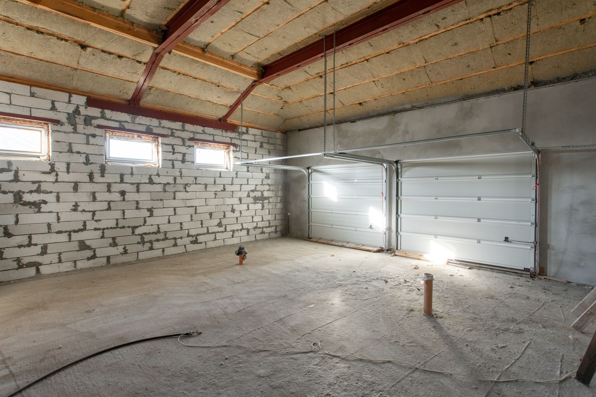Interior of a partially finished building with cinder block walls, concrete floor, and overhead garage door. Interior of a partially finished building with cinder block walls, concrete floor, and overhead garage door.