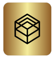 Gold square icon with a black outlined open box logo