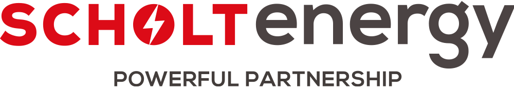 Het logo van Scholt Energy in rood met donkergrijze tekst en een bliksemschichtsymbool in een rode cirkel.