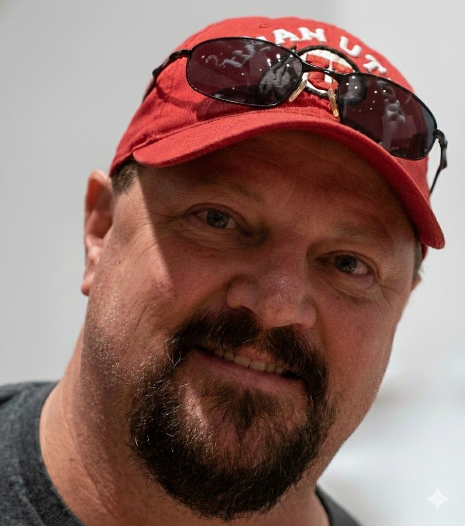 Man in red hat and sunglasses smiles, with a trimmed beard.