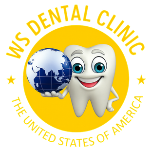 Yellow logo: Smiling tooth holding a globe,