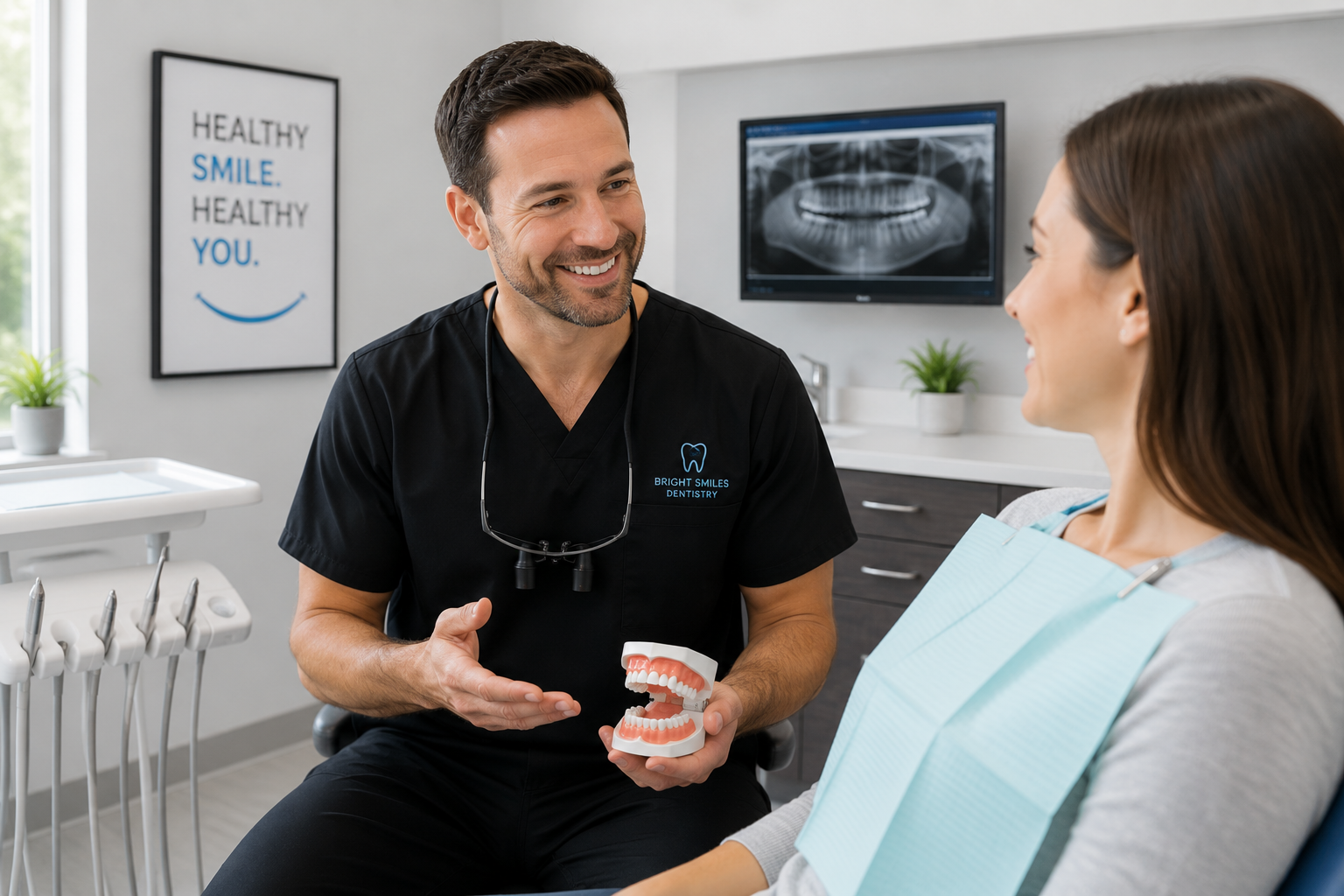 dentist explaining root canal signs to patient in Orange CA
