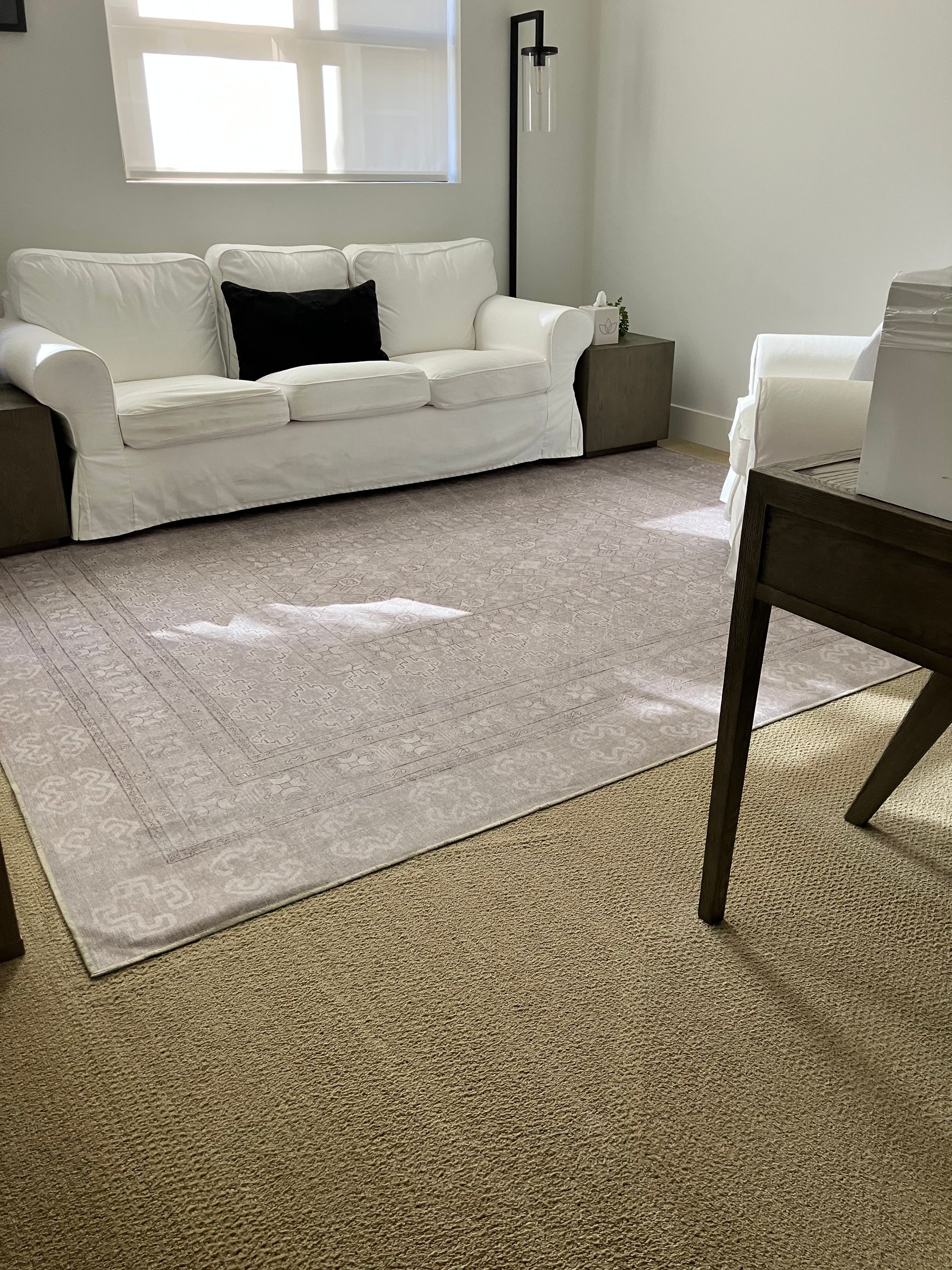 Bright living room with white sofa, beige rug, and sunlight on the floor