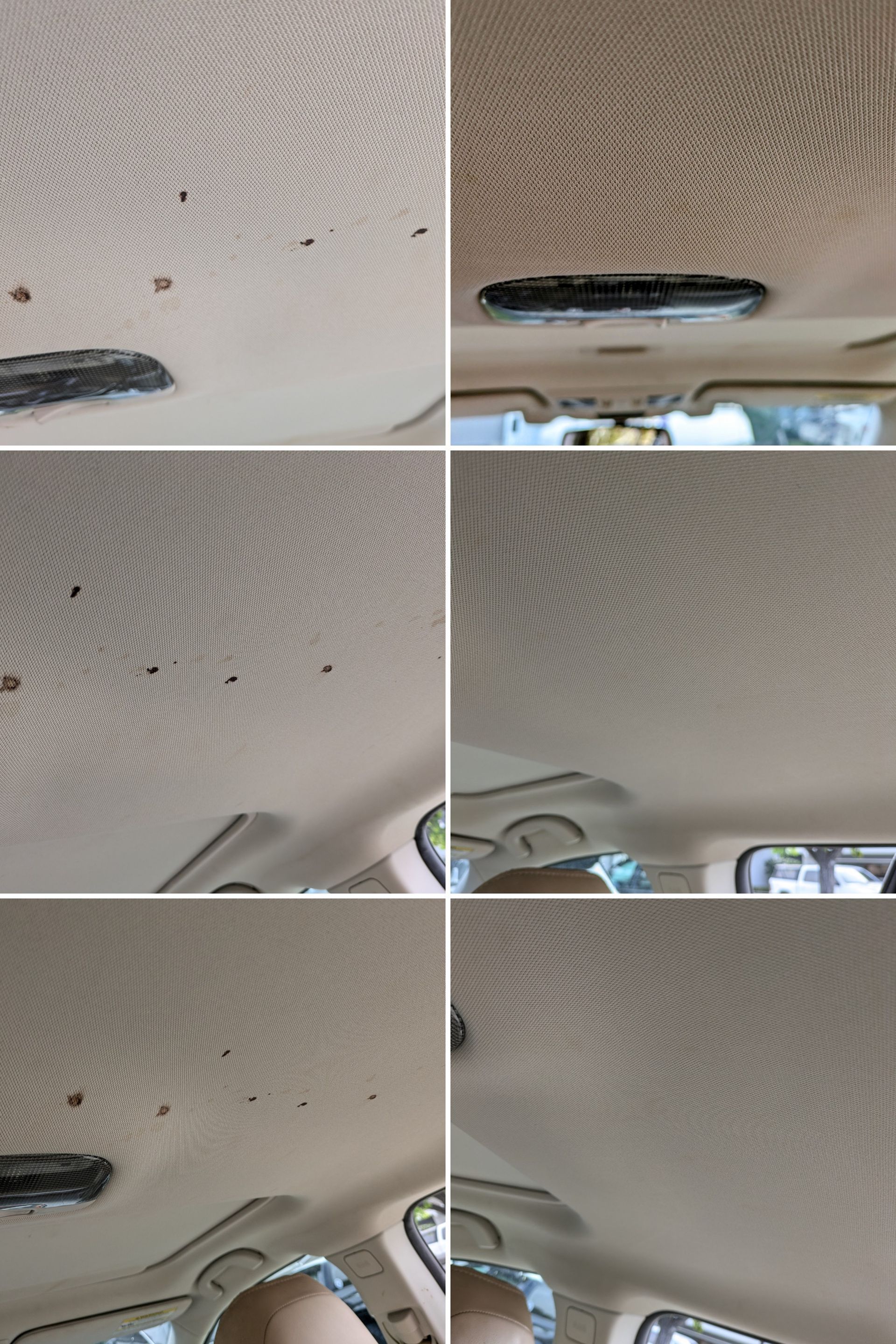 Car ceiling with four views of a stained, patterned headliner and overhead light fixture