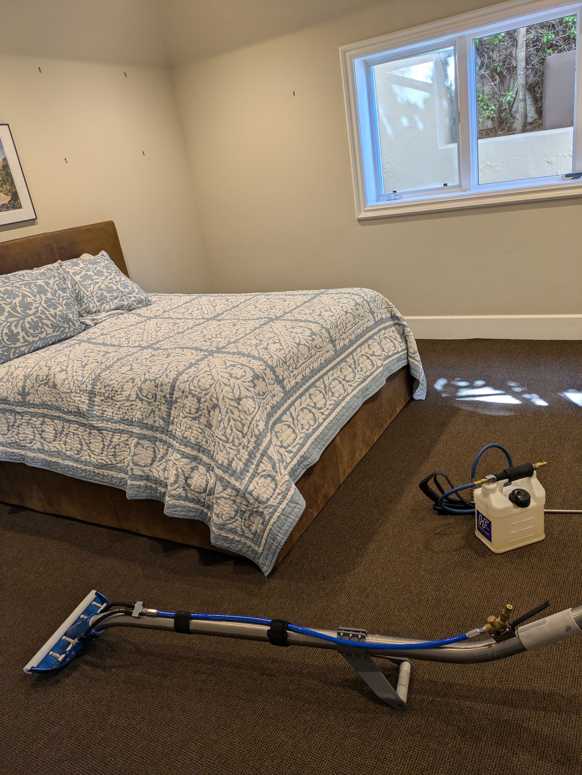 Vacuum cleaner on carpet in a bedroom with bed and window