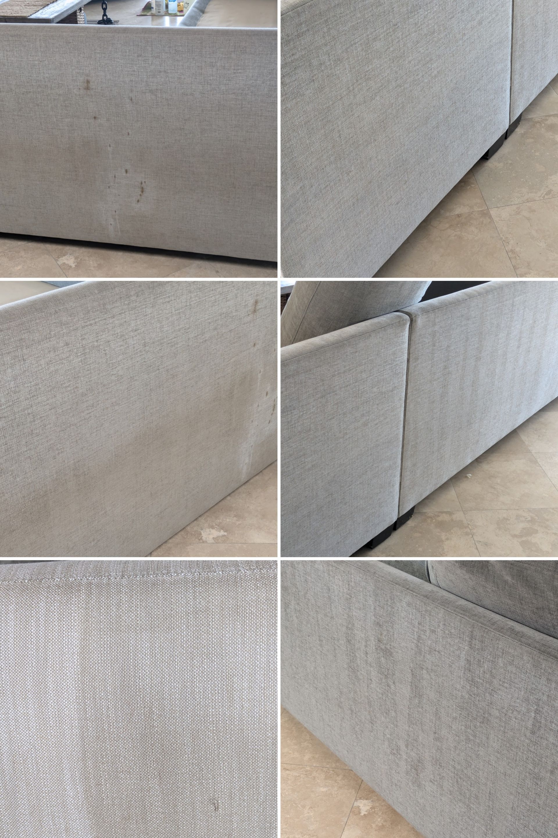 Close-up collage of a gray upholstered couch showing fabric texture and seams