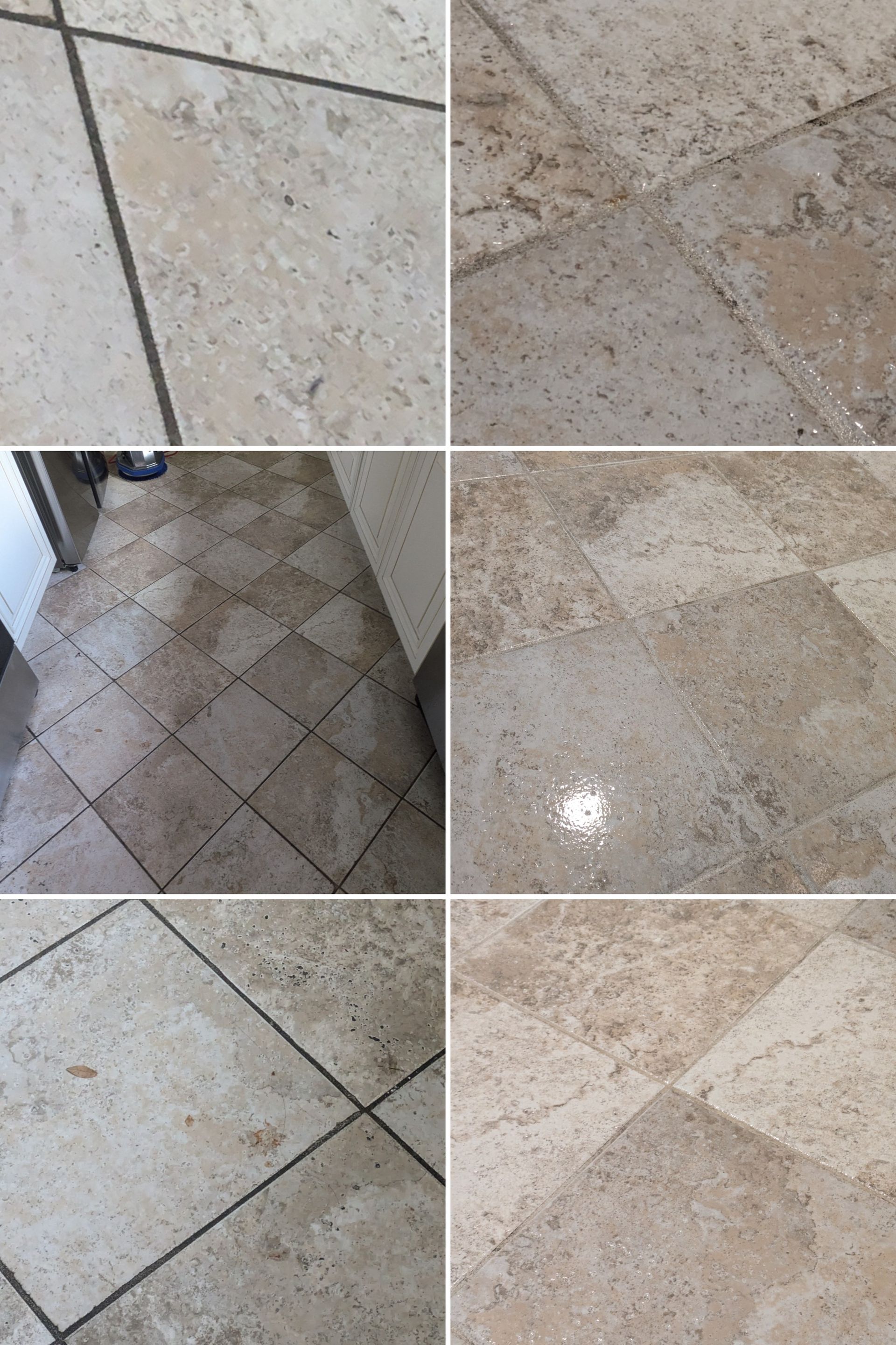 Collage of beige and gray stone floor tile close-ups with varied textures and grout lines