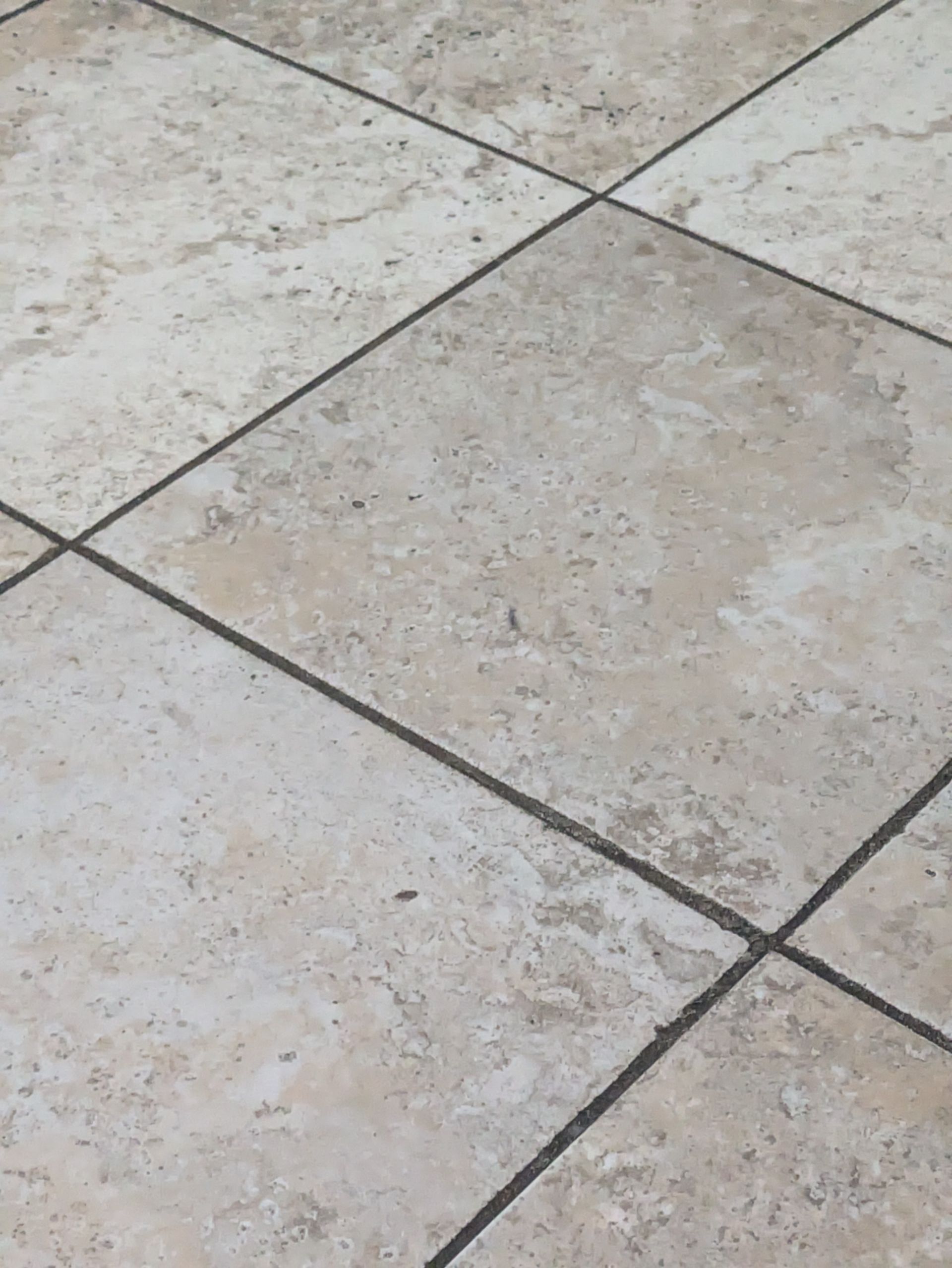 Close-up of light beige stone floor tiles with dark grout lines.