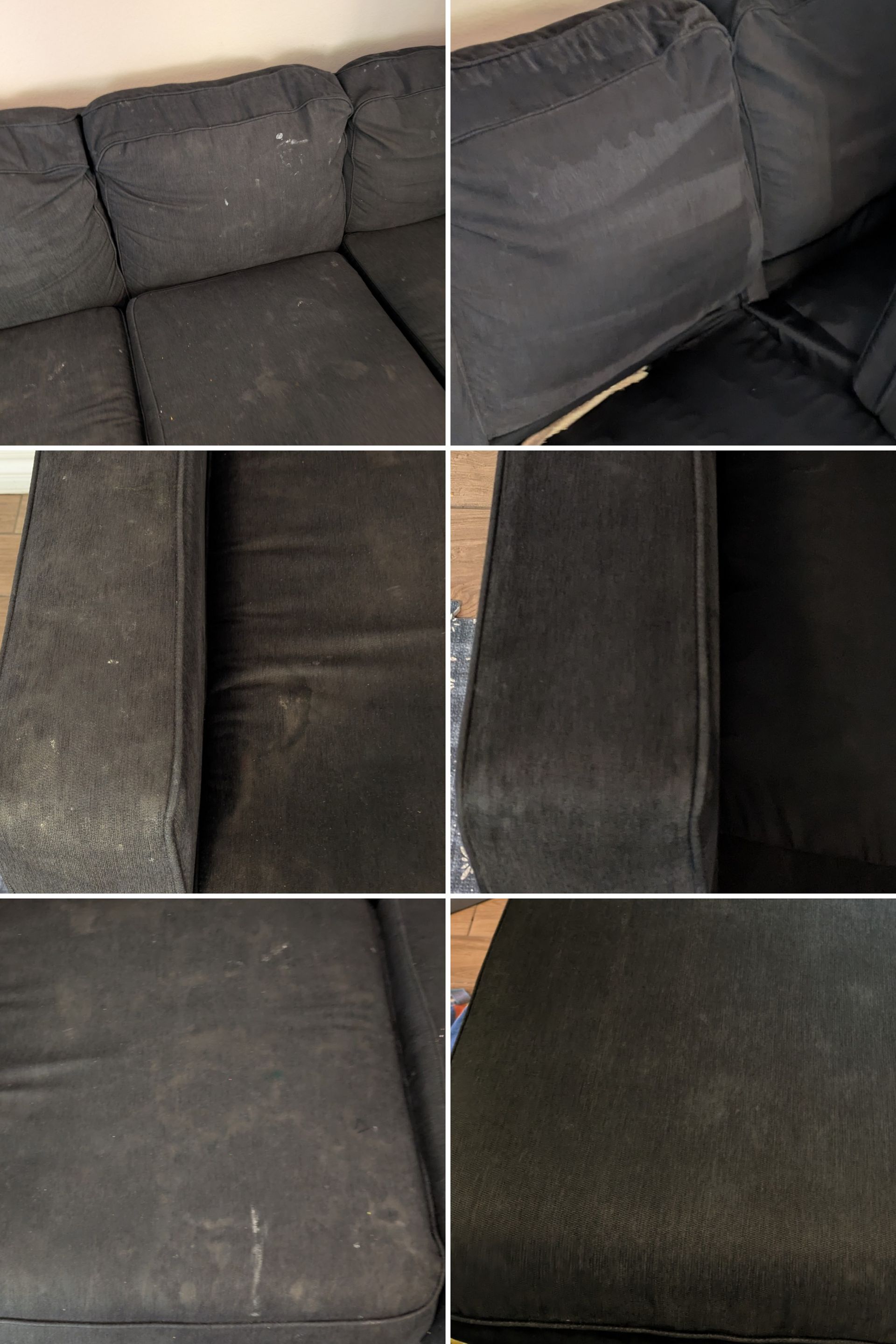 Close-up collage of a dark gray sofa showing fabric wear, wrinkles, and stains on the cushions.