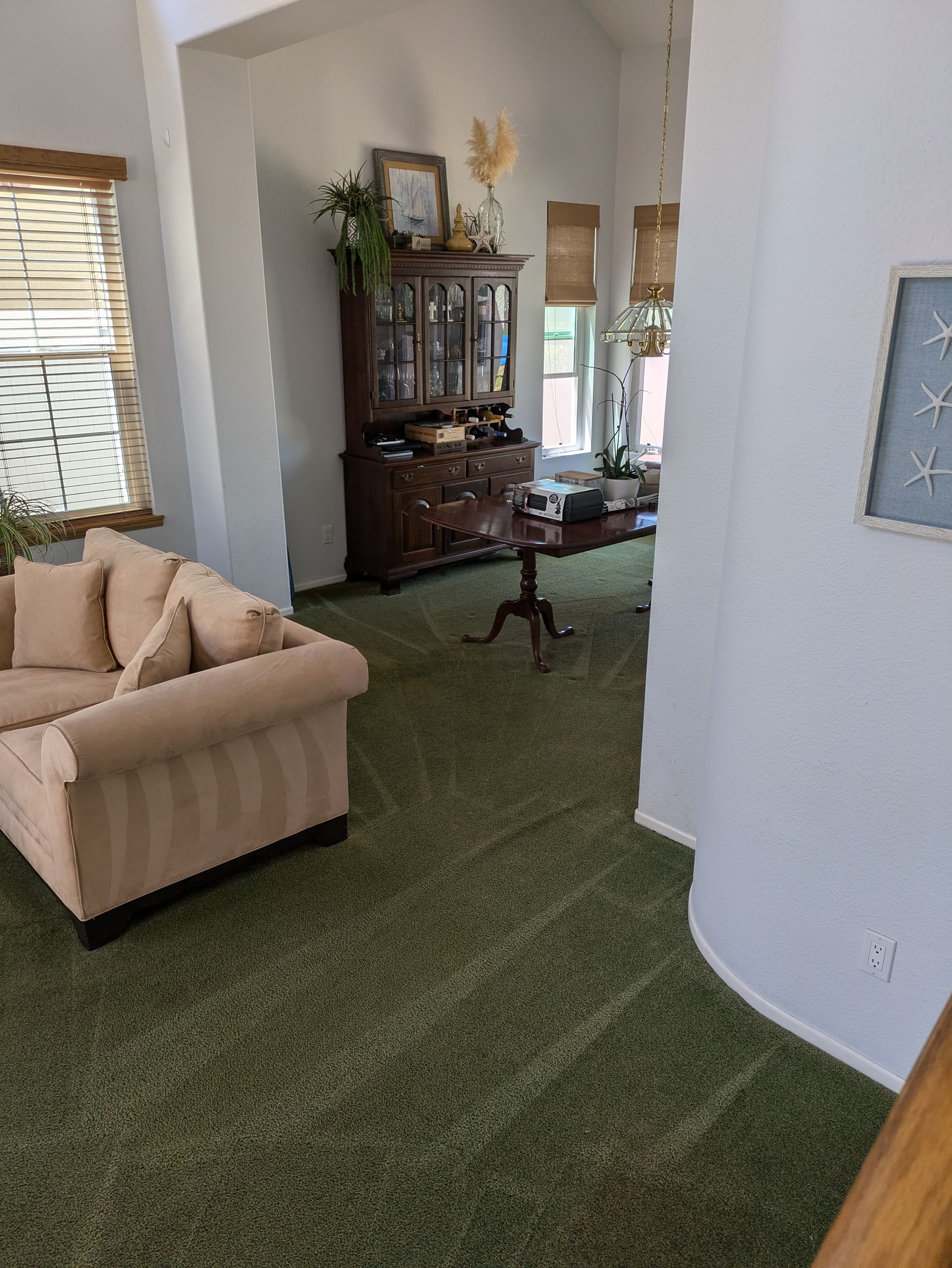 Living room with beige sofa, green carpet, and dark wooden cabinet in a bright, open interior