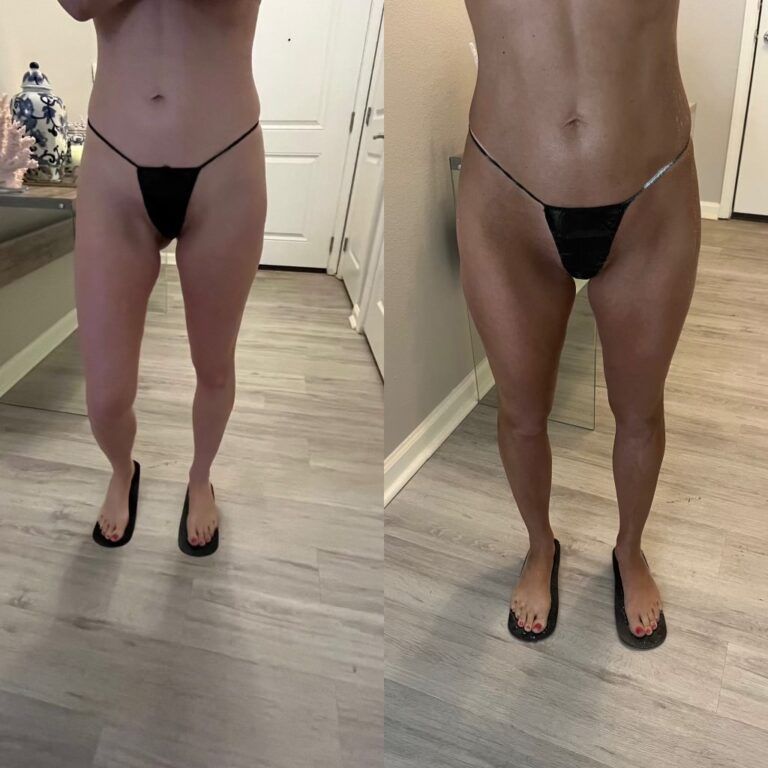 Front-view comparison of legs in black thong and flip-flops, standing indoors on a light wood floor.