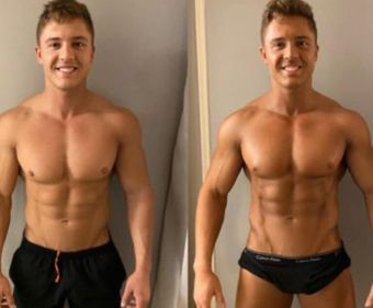 Side-by-side shirtless man comparison showing a lean before-and-after muscular physique.