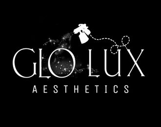 GLO LUX Aesthetics logo in white on black, with a stylized perfume bottle and dotted sparkles.