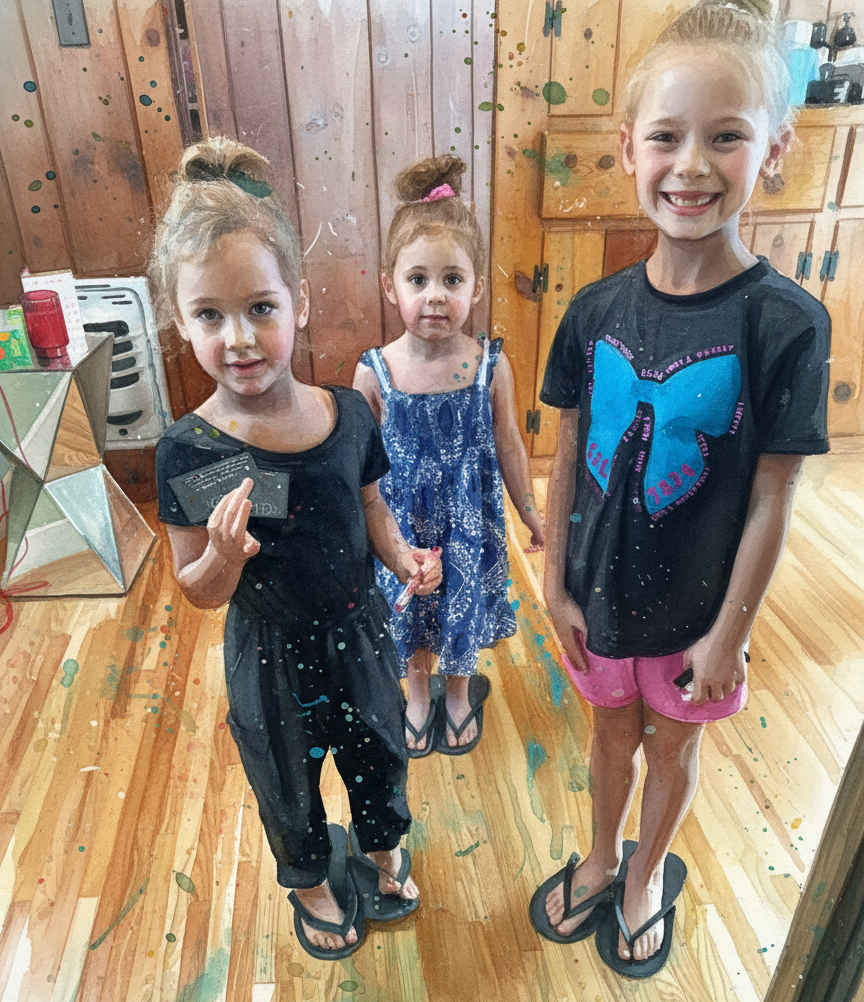 Three children standing indoors on a wooden floor, smiling at the camera.