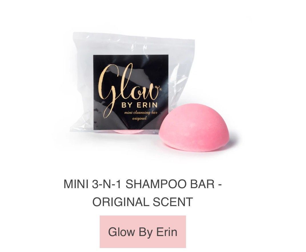 Pink mini 3-in-1 shampoo bar beside Glow By Erin package, original scent.