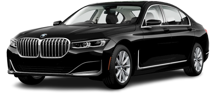 A black bmw 7 series is shown on a white background.