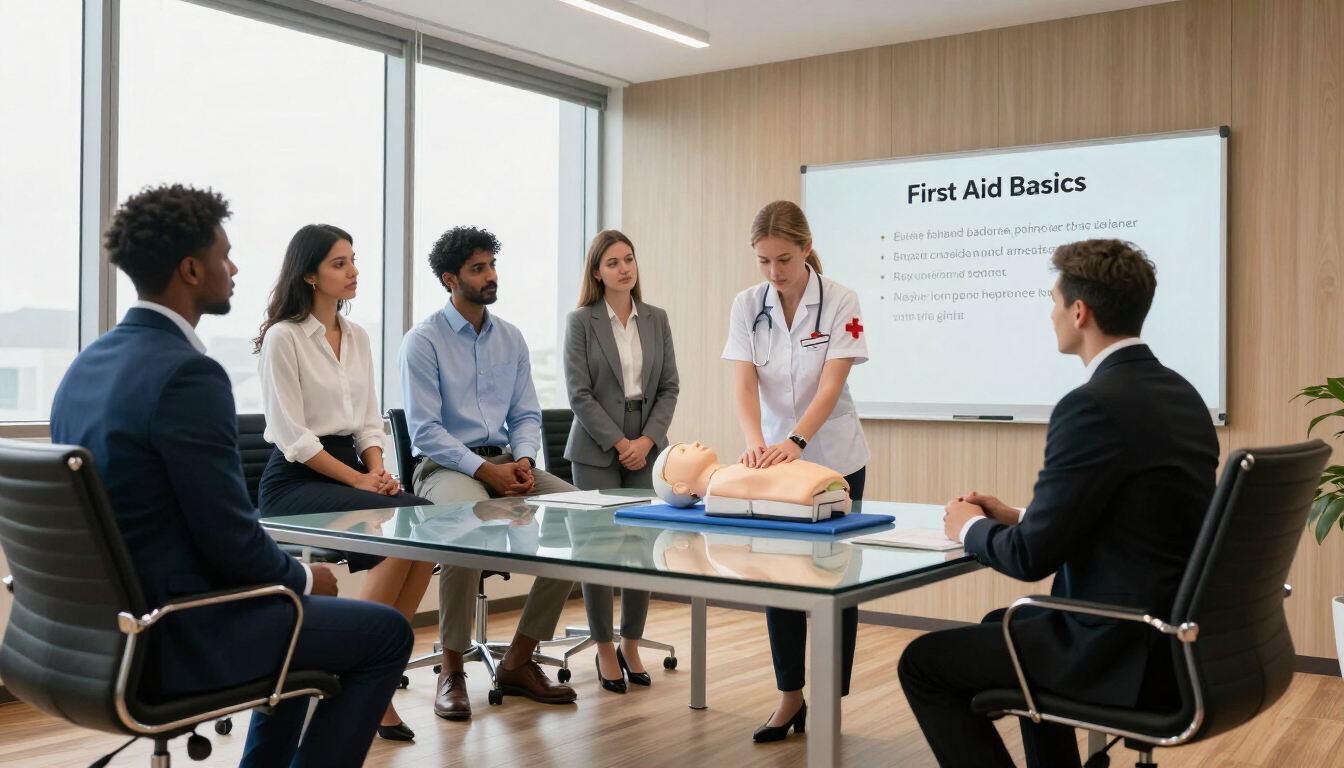 Office employees attending workplace first aid training
