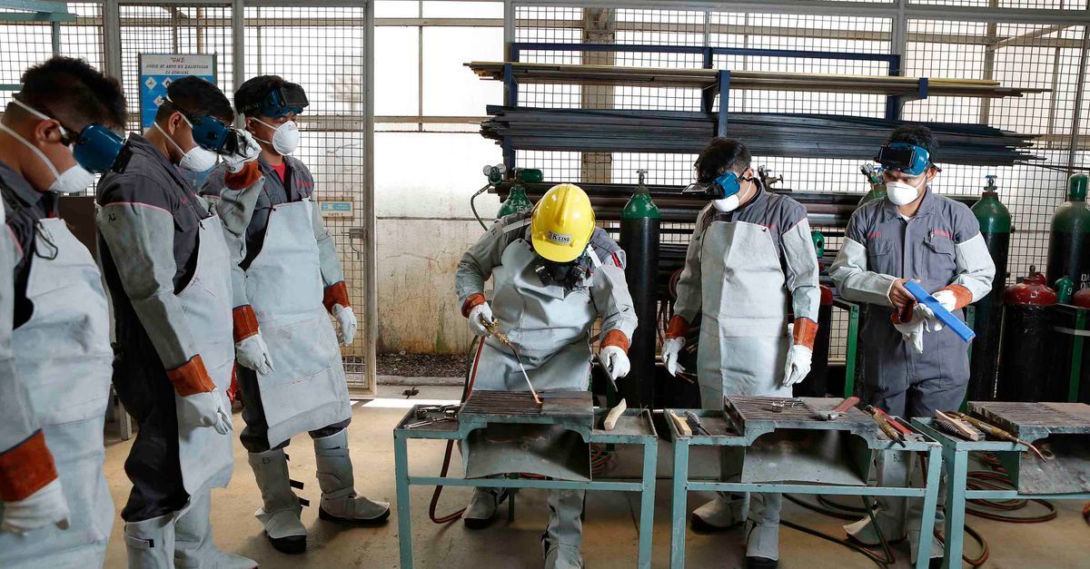 Employees taking part in first aid training in an industrial workplace