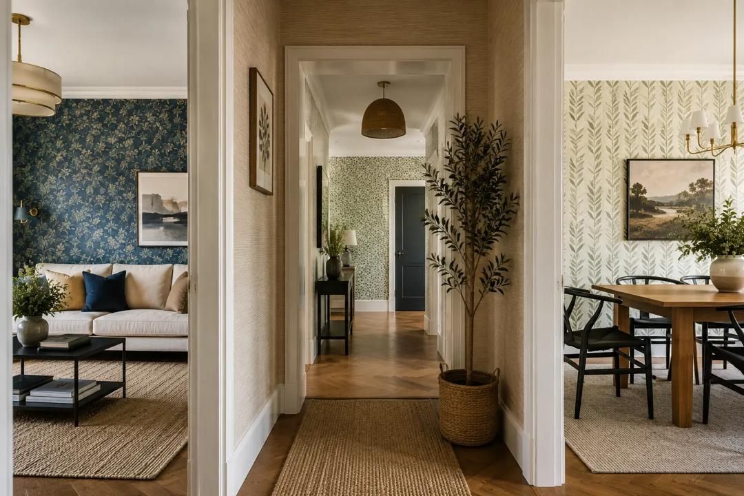 Bright hallway with wicker rug, leading to a cozy living room and dining area in warm neutral tones.