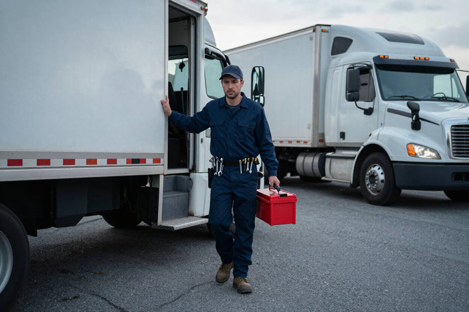 Mobile mechanic stepping out of service truck on highway shoulder