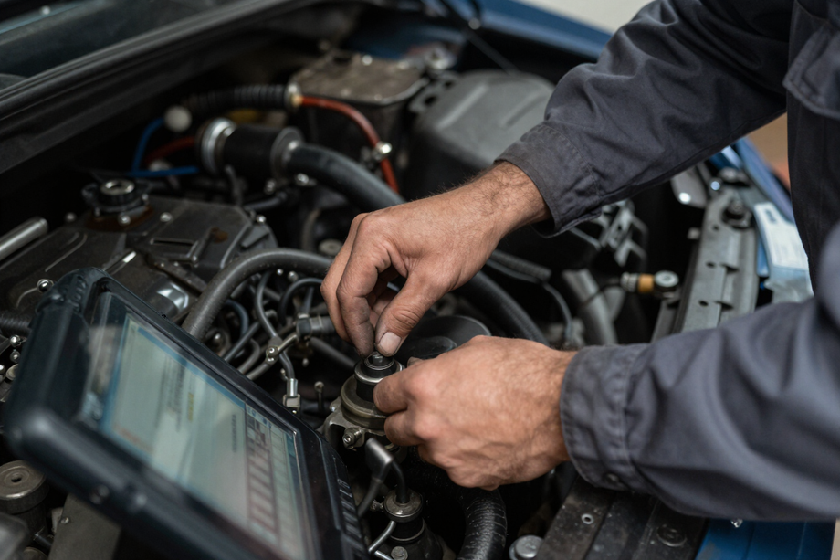 Mechanic working on diesel engine with diagnostic tablet nearby