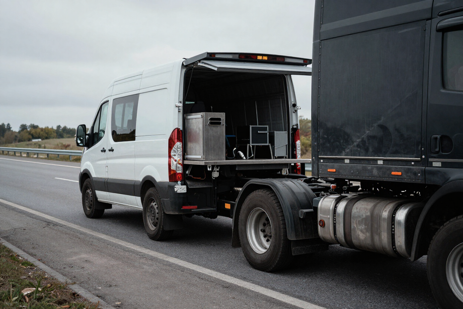 Mobile mechanic service van parked roadside beside a semi truck