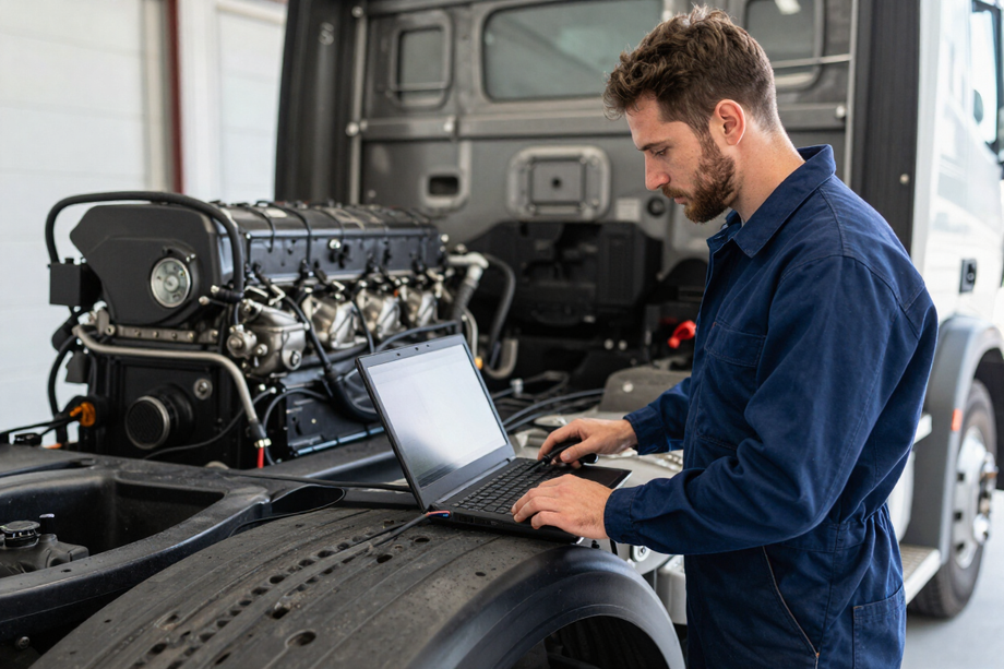 Mechanic connecting diagnostic scanner to semi truck OBD port