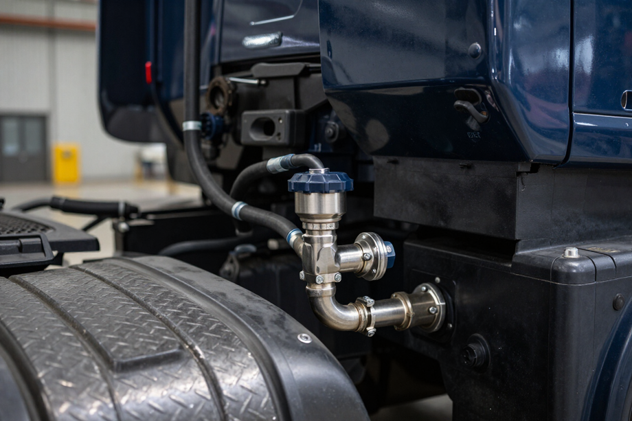 Close-up of DEF tank filler and aftertreatment system on semi truck