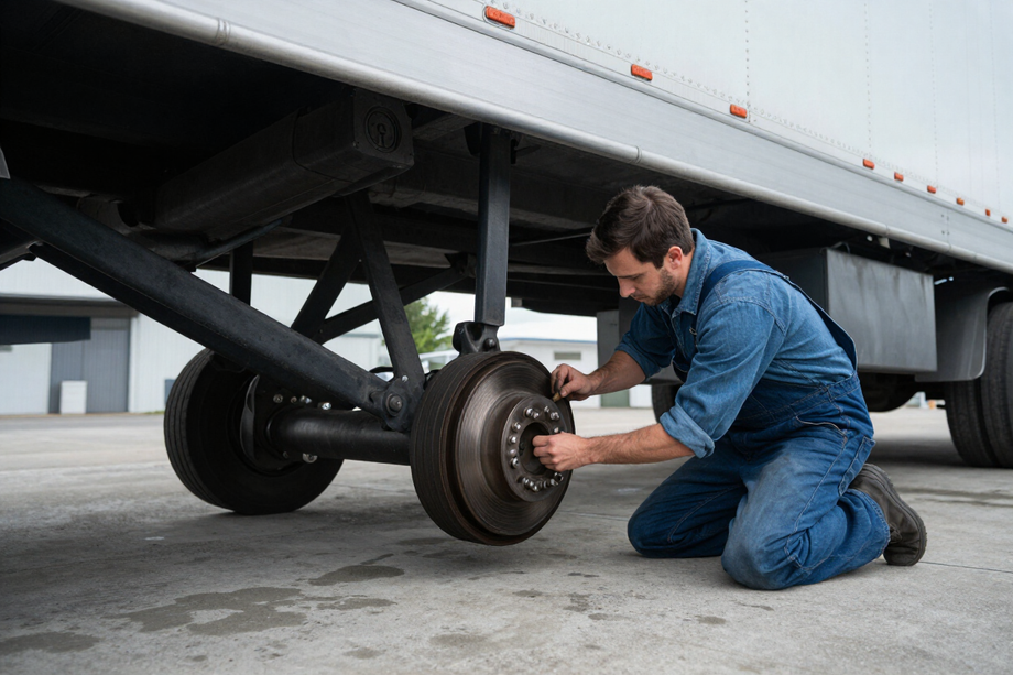 Mechanic working at the brake assembly of a 53-foot dry van trailer
