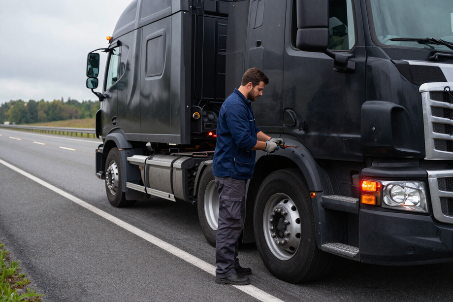 Mechanic actively working roadside on a semi truck with engine bay open