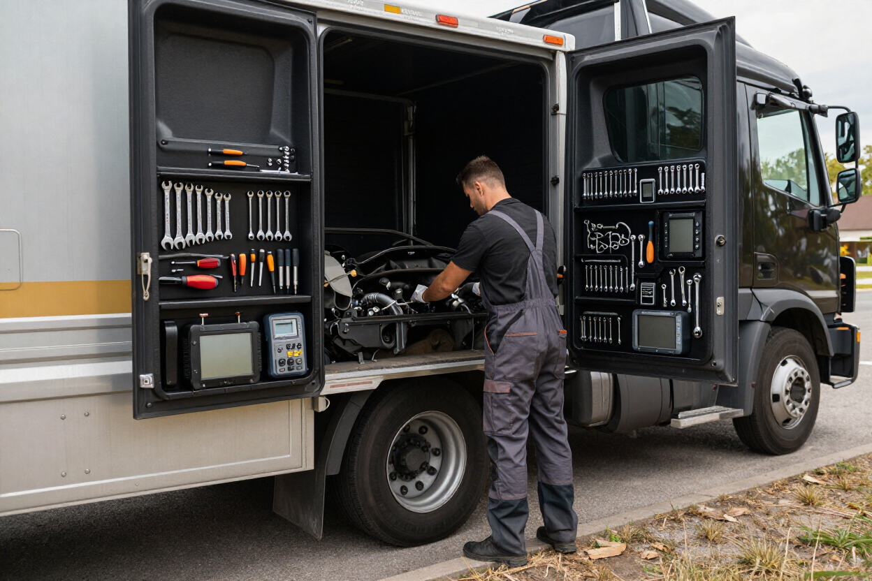 Mobile repair truck with mechanic working on semi engine