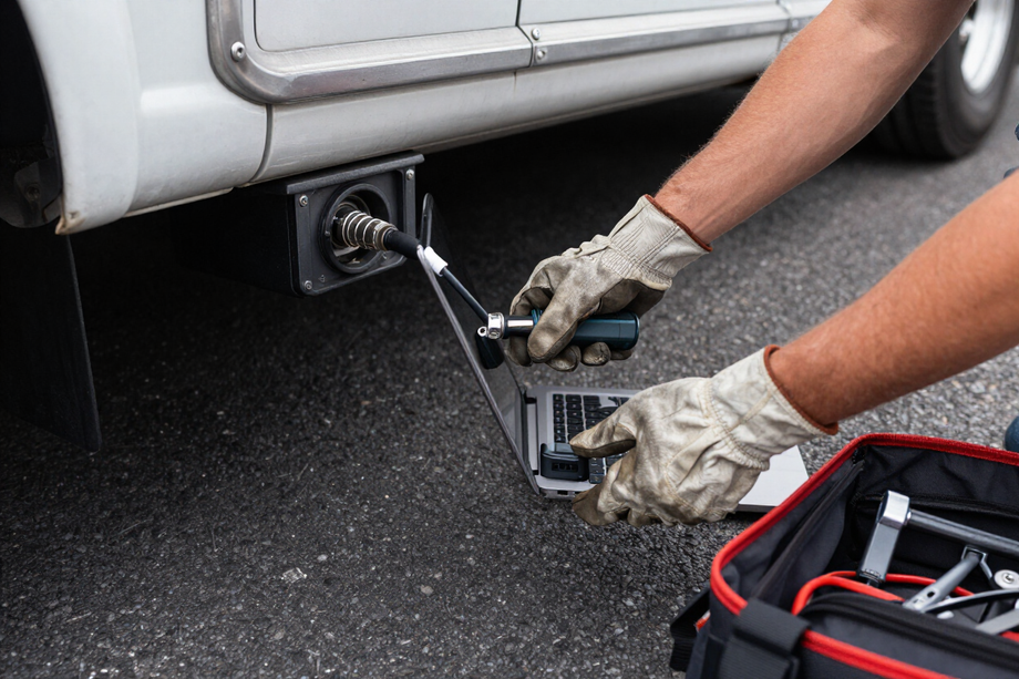 Mechanic connecting diagnostic laptop to semi truck OBD port