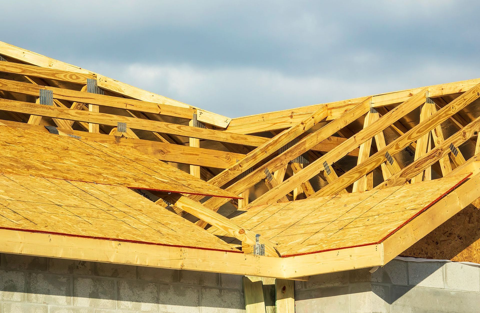 The roof of a building is being built with wooden beams.