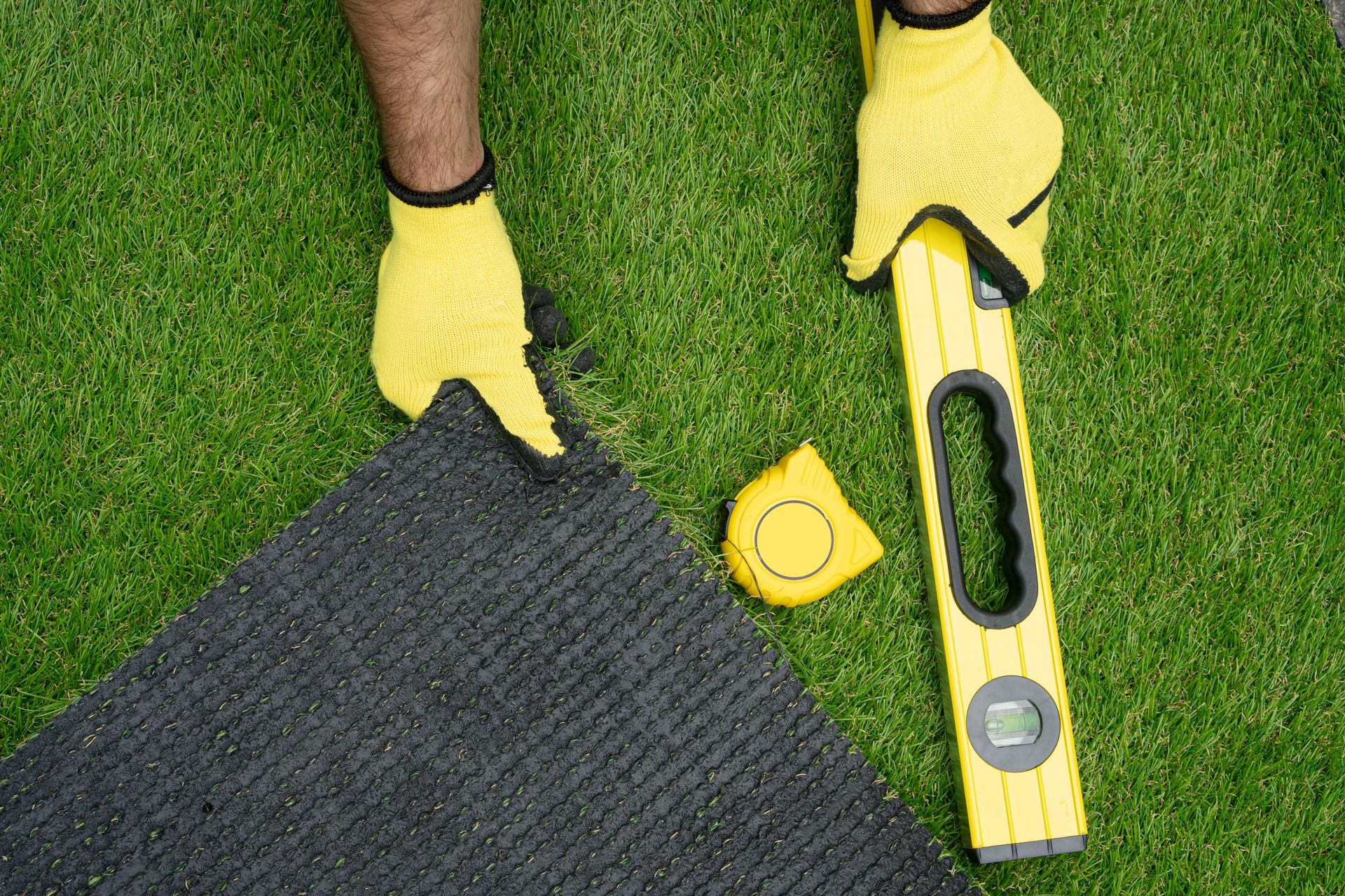 A person wearing yellow gloves measures grass with a tape measure, focusing on the length of the blades.