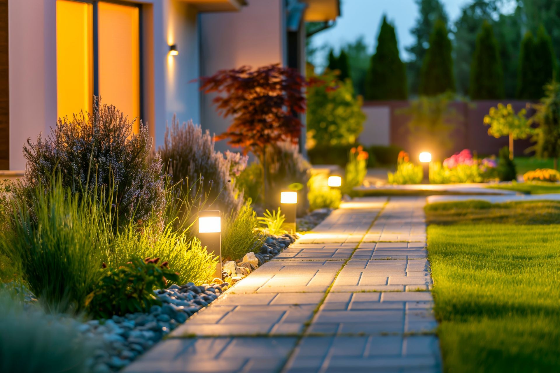Landscape design with lit walkway, lavender shrubs, and gravel beds at dusk