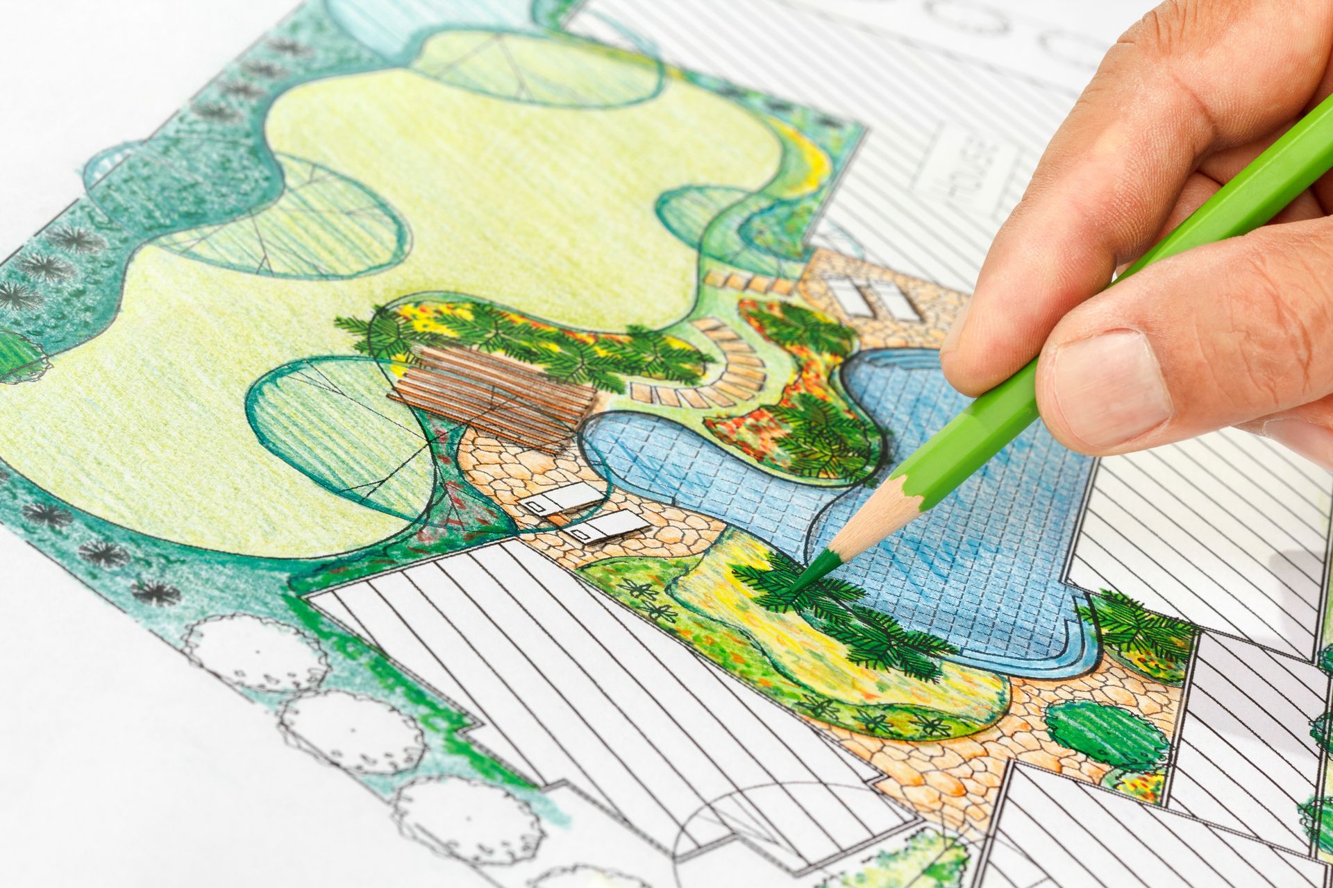 A person sketches a garden design on paper, surrounded by gardening tools and plants. A person sketches a garden design on paper, surrounded by gardening tools and plants.