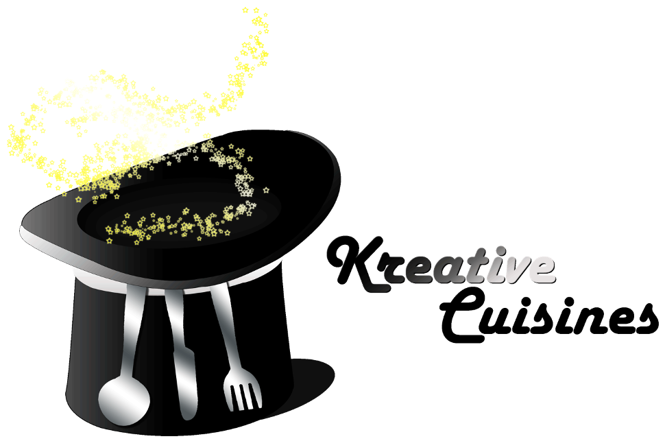 Logo for Kreative Cuisines featuring a black magician's hat with utensils, and glowing sparkle over a plate.
